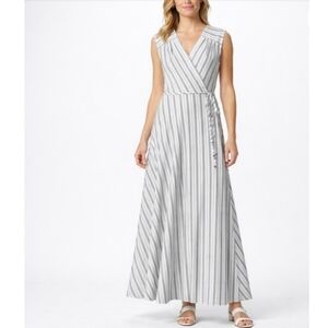 Calvin Klein Linen Maxi Dress 12 Sleeveless Striped Coastal Resort Wear NWOT